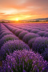 Obraz premium A vast lavender field in full bloom under a golden sunset, the purple flowers contrasting with the orange and pink sky.