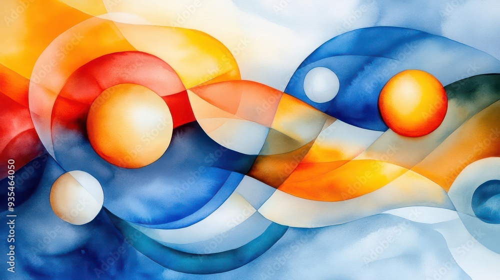 Poster abstract digital art with vibrant blue, orange, and red hues. interlocking circles and flowing shape