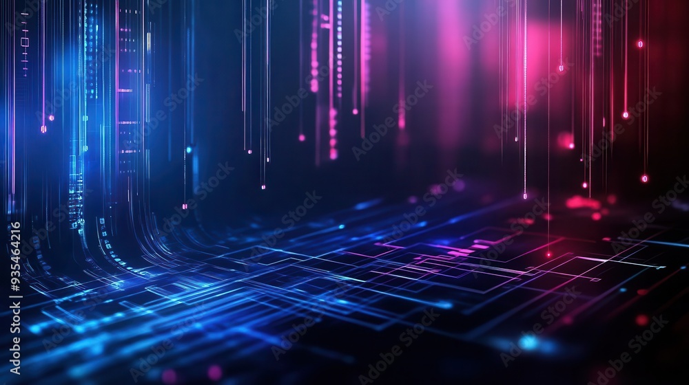 Poster abstract digital background with glowing blue and pink lines and data streams.