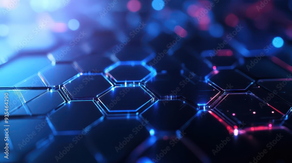 Poster abstract digital background with glowing blue and red hexagon grid. futuristic technology concept.