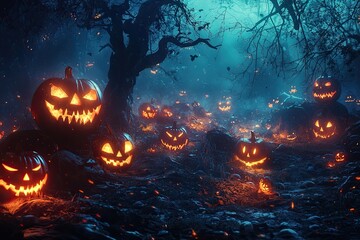 Naklejka premium Halloween pumpkin head jack lantern on wooden floor at night with reflection