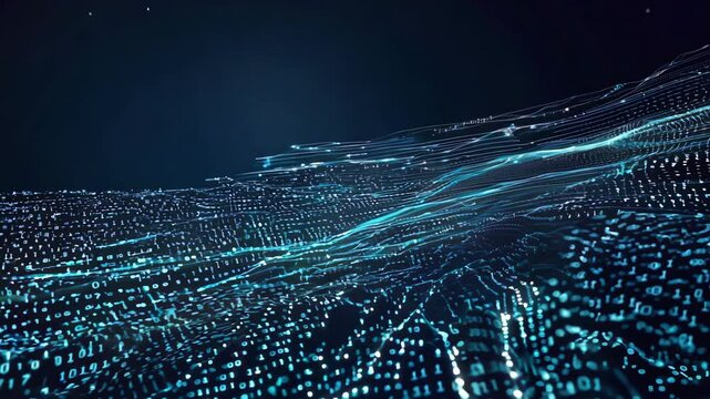 Futuristic digital landscape with glowing blue lines and binary code, representing data flow and technology advancement.
