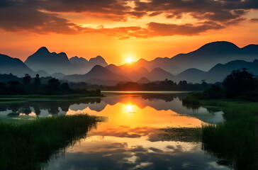 Fototapeta premium a sunrise in the mountains over a body of water, generative ai