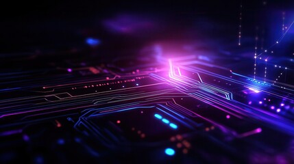 Abstract digital circuit board with glowing neon lights, representing technology and innovation.