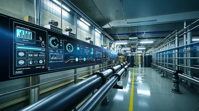 A digital dashboard in a water treatment plant, displaying icons for water quality monitoring and various purification processes