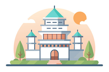 Flat illustration of a white building with a green roof and two towers