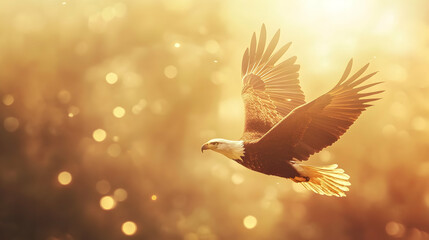Obraz premium Eagle With American Flag Flies In The Sky With Blurred Bokeh And Sunlight Effect 