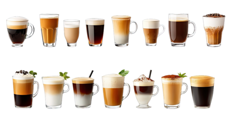 A row of coffee cups with different flavors and colors