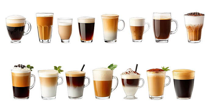 A row of coffee cups with different flavors and colors