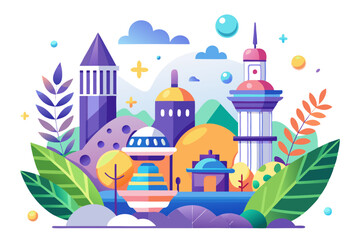 Fototapeta premium Futuristic Cityscape with Buildings, Flying Saucer, and Lush Foliage