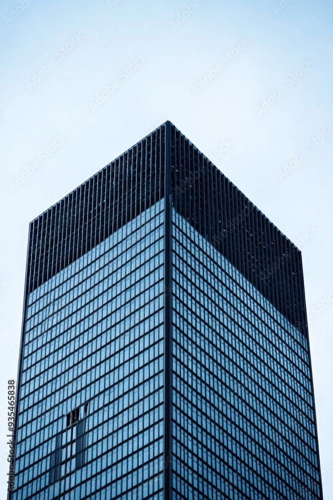 Wall mural the intricate architecture of a distant skyscraper, standing out sharply against a soft blue sky