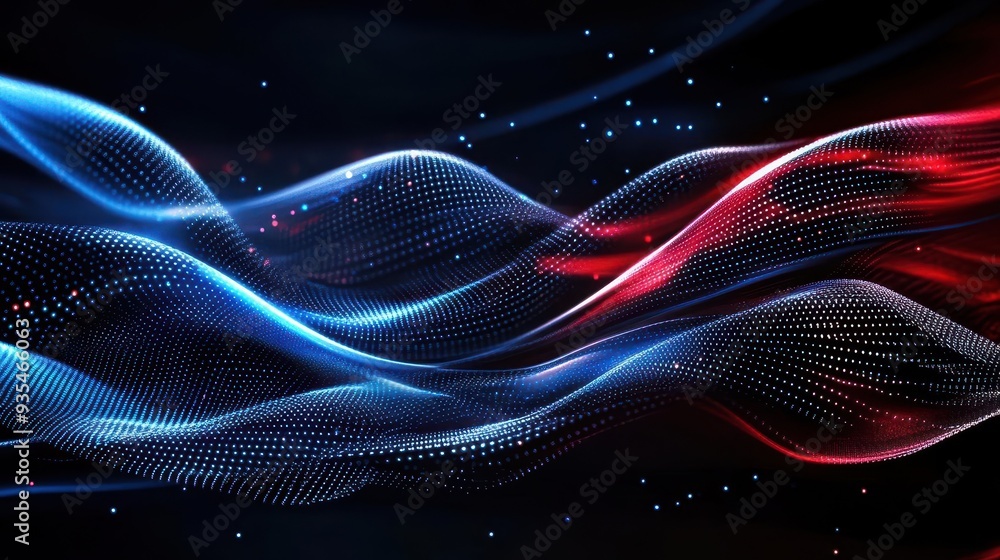 Poster abstract digital waves in blue and red flow in a dark space with sparkling particles.