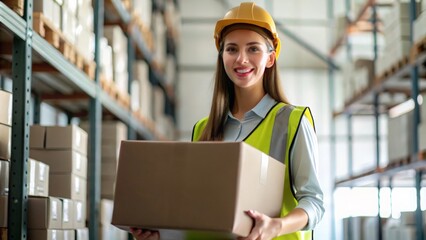 A female warehouse employee carrying a box, surrounded by racks and goods.
