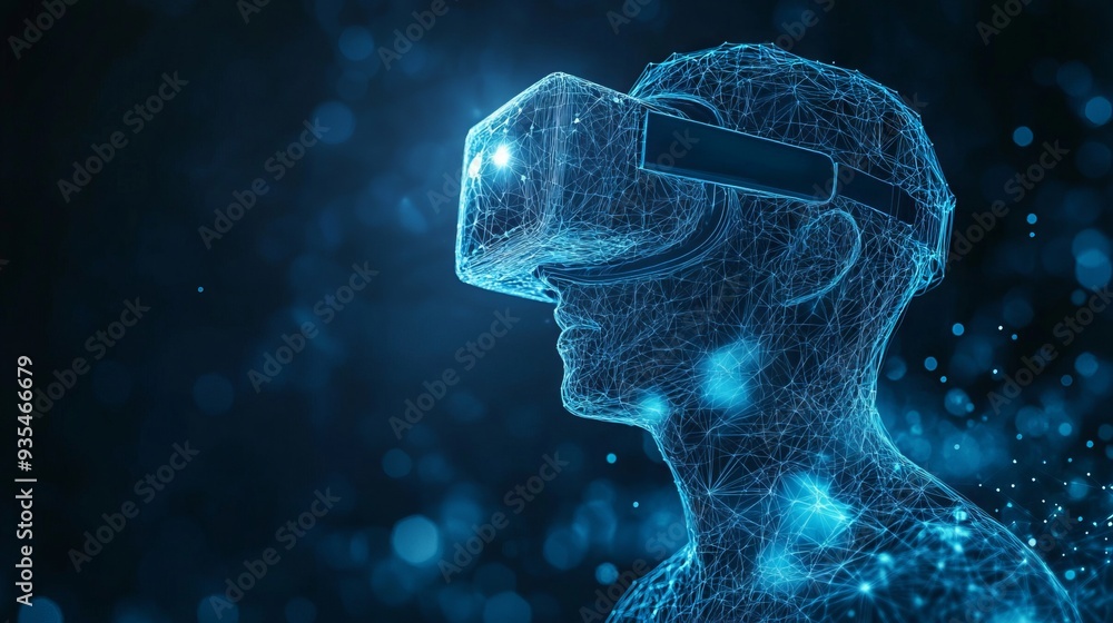 Poster abstract image of a virtual reality. technology concept. with dark blue background. low poly wirefra