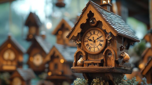 A traditional wooden cuckoo clock with intricate carvings and a bird perched on the roof, in a close-up shot.