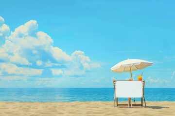 A chair and an umbrella provide shade on the sandy beach, with the azure sky, oceanic coastal landforms