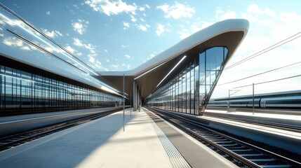 Modern Train Station Platform with Glass Facade and Gleaming Tracks