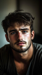 Fototapeta premium handsome man, melancholy expression, emotional portrait, sad eyes, pensive look, thoughtful pose, introspective gaze, contemplative mood