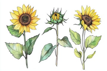 Fototapeta premium Detailed illustration of a sunflower with watercolor foliage and flowers.
