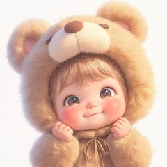 Adorable baby in a brown teddy bear costume, looking up with a sweet smile and rosy cheeks.