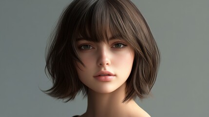 A young woman with a bob hairstyle and subtle makeup gazes directly at the viewer, creating a captivating connection.