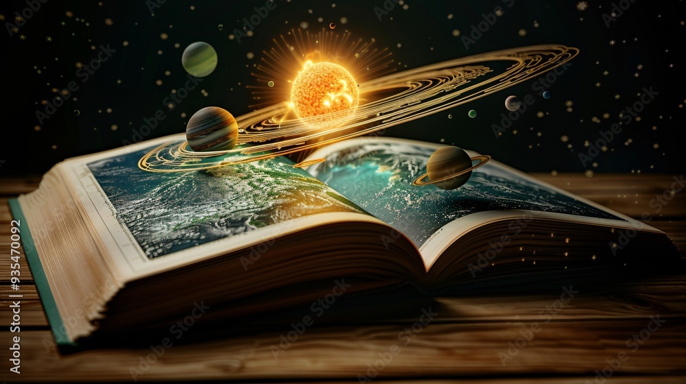 Wall mural open book with solar system