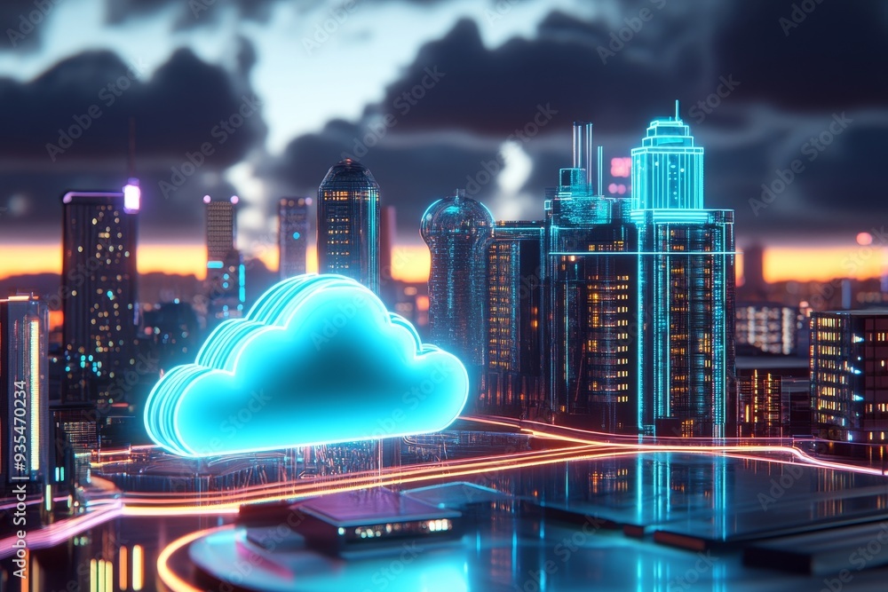 Poster a cloud containing circuits representing a digital brain is surrounded by high-rise buildings on a b