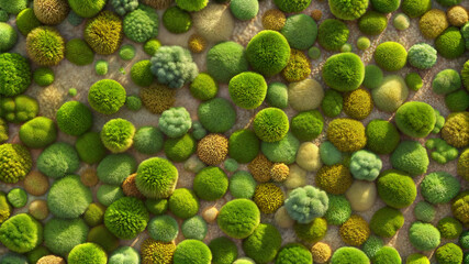 Green moss patterns growing on the ground in an abstract style with copy space