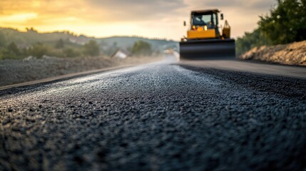 Freshly Laid Asphalt Road with Construction Machinery in the Background