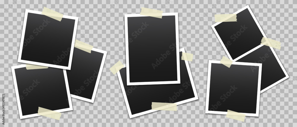 Poster vector blank photo frames with transparent adhesive tape isolated on transparent background. templat