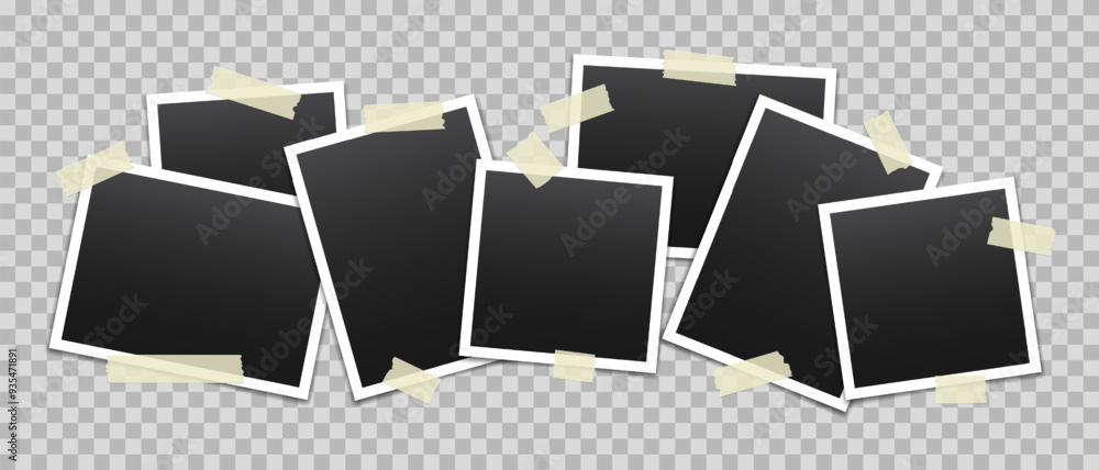 Poster vector blank photo frames with transparent adhesive tape isolated on transparent background. templat
