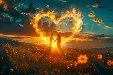 Cinematic shot of two people in an open field with flowers, surrounded by flames and heart-shaped orange clouds at sunset