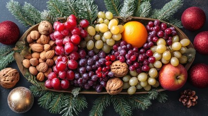 Festive Holiday Platter with Assorted Seasonal Fruits and Nuts Arrangement