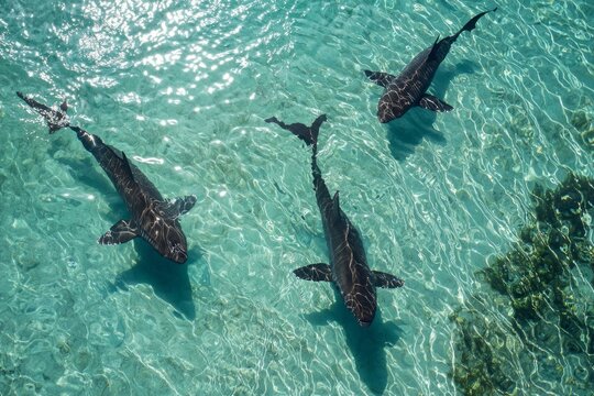 aerial view of a few sharks swimming in a crystal clear ocean 