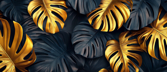 Gold and Black Monstera Leaves Abstract Background