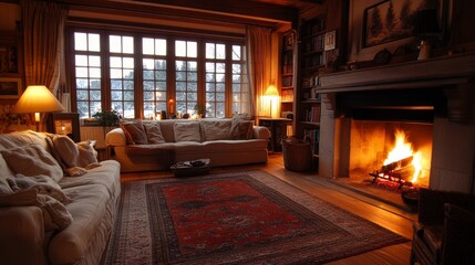 12082007 99 A cozy living room with a fireplace, the flames flickering softly --ar 16:9 --style raw --stylize 250 --v 6.1 Job ID: 88243571-4cdb-4d5c-bd6a-65da289ad5ba