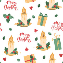 Seamless pattern with Christmas candle decorated with holly. Vector holiday texture in flat style. Merry Christmas and Happy New Year. Suitable for wallpaper, wrapping paper, fabric, etc