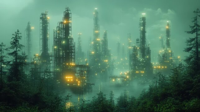 biopunk refinery organic pipeline tendrils pulsating bioluminescent tanks symbiotic worker drones living architecture