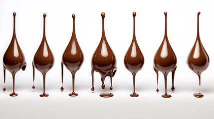 pouring chocolate drips from the top, white background. Drops