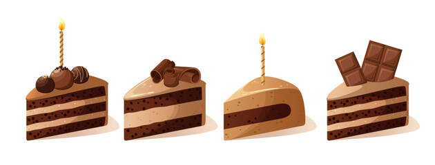 A set of pieces of chocolate cake with candles. Vector illustration.
