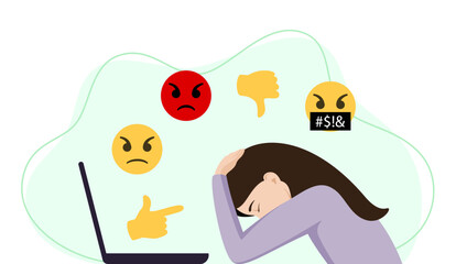 The unhappy woman is depressed. The concept of cyberbullying, the bad influence of the Internet. 