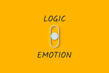 Words logic and emotion near toggler. The concept of choice. Compromise solution. Opposite options. Rational feeling. 3d render