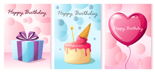 A set of bright birthday greeting cards. A cake, a balloon and a gift. Vector illustration in cartoon style.