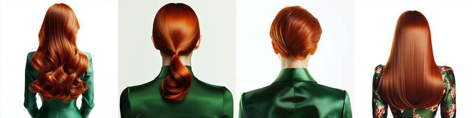 Various haircuts for woman with copper red brown hair - long straight, wavy, braided ponytail, small perm, bobcut and short hairs. Redhead girl View from behind on white background.