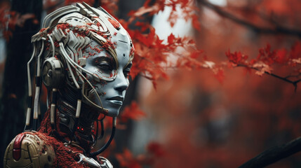 Fototapeta premium A lifelike robot statue stands in a forest of vibrant red leaves