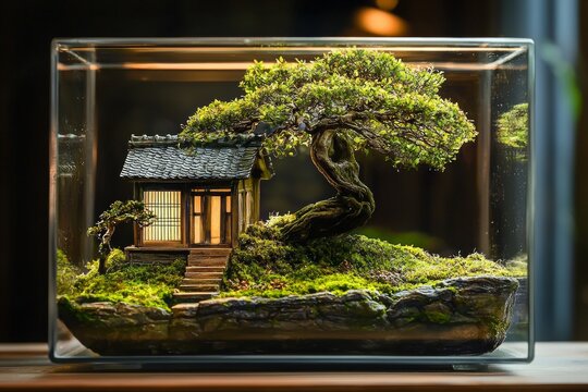 An isolated glass case contain a bonzai tree with green moss and a tiny wooden japanese house. On a table. Soft lighting with dark background. 