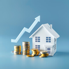 Real estate growth concept with a house model, coins, and an upward arrow on a blue background