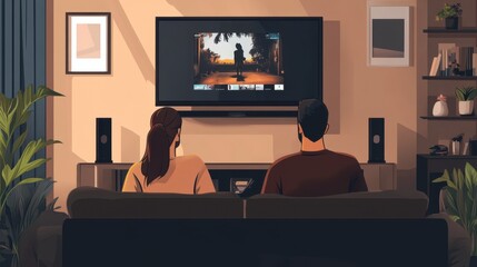 A relaxed couple sits on their couch at home, watching an engaging show together while surrounded by comfortable furnishings