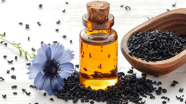 Black cumin oil glass bottle on a white background