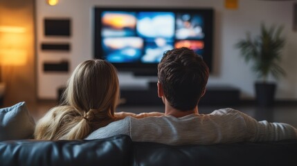 A couple relaxes on a comfortable couch at home, streaming shows on a large TV in the evening light